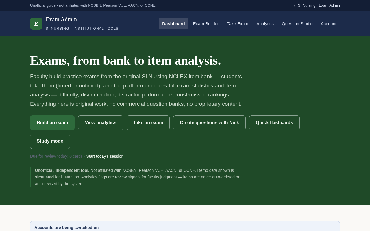Screenshot of the Exam Admin dashboard with Nick tutoring inside the app