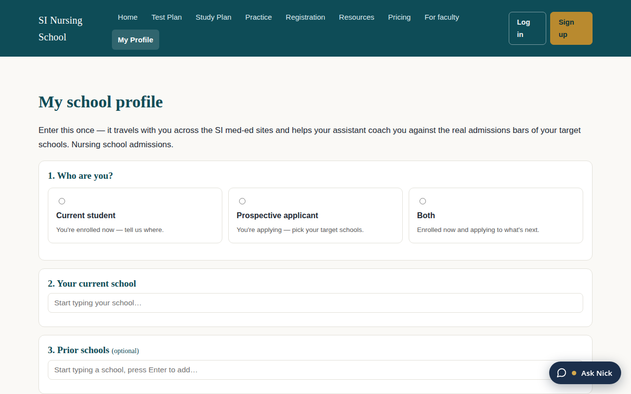 Screenshot of the school profile page with role and target-school pickers