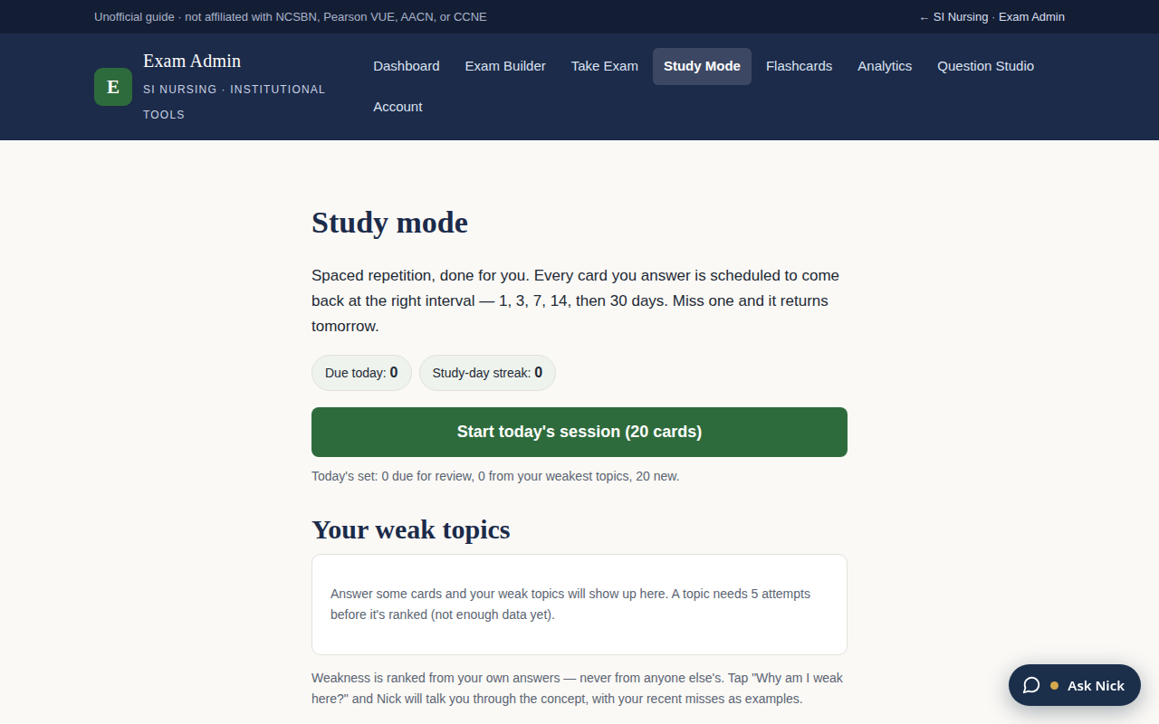Screenshot of Study mode showing spaced repetition scheduling