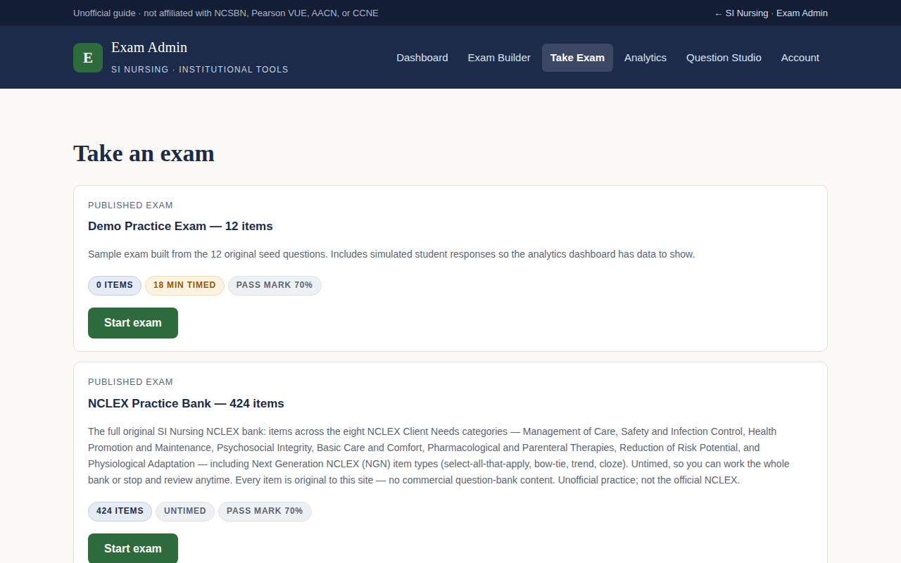 Screenshot of the Take Exam page showing the NCLEX Practice Bank with 424 items